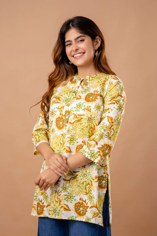 Mustard Yellow Floral Printed Cotton Kurti – Perfect for Summer