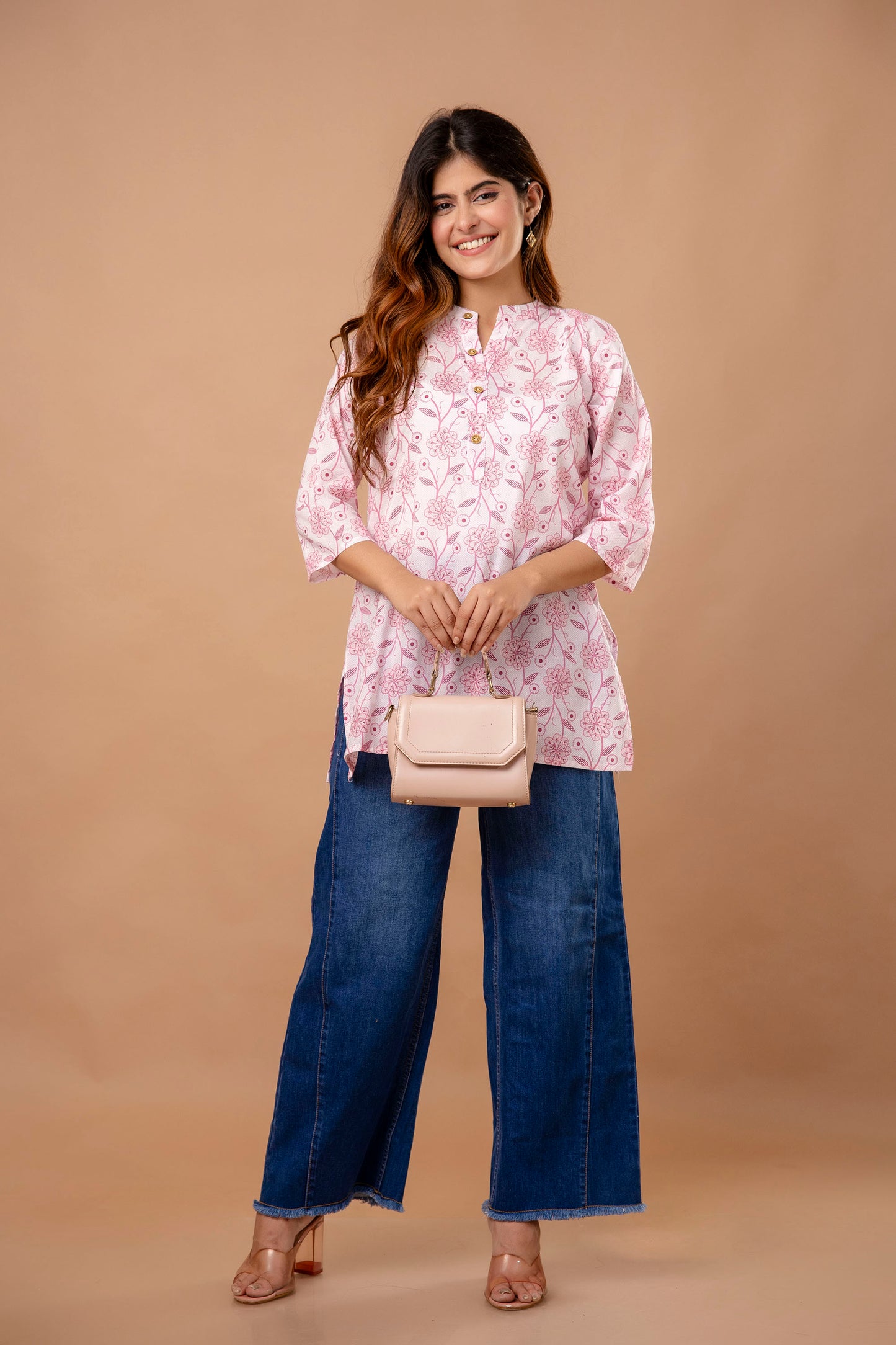 Peach Floral Printed Cotton Kurti