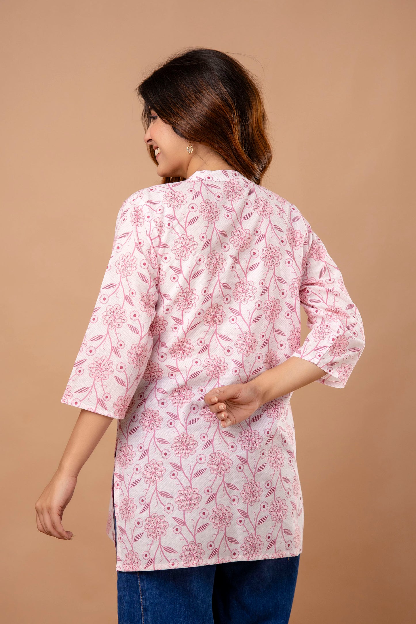 Peach Floral Printed Cotton Kurti