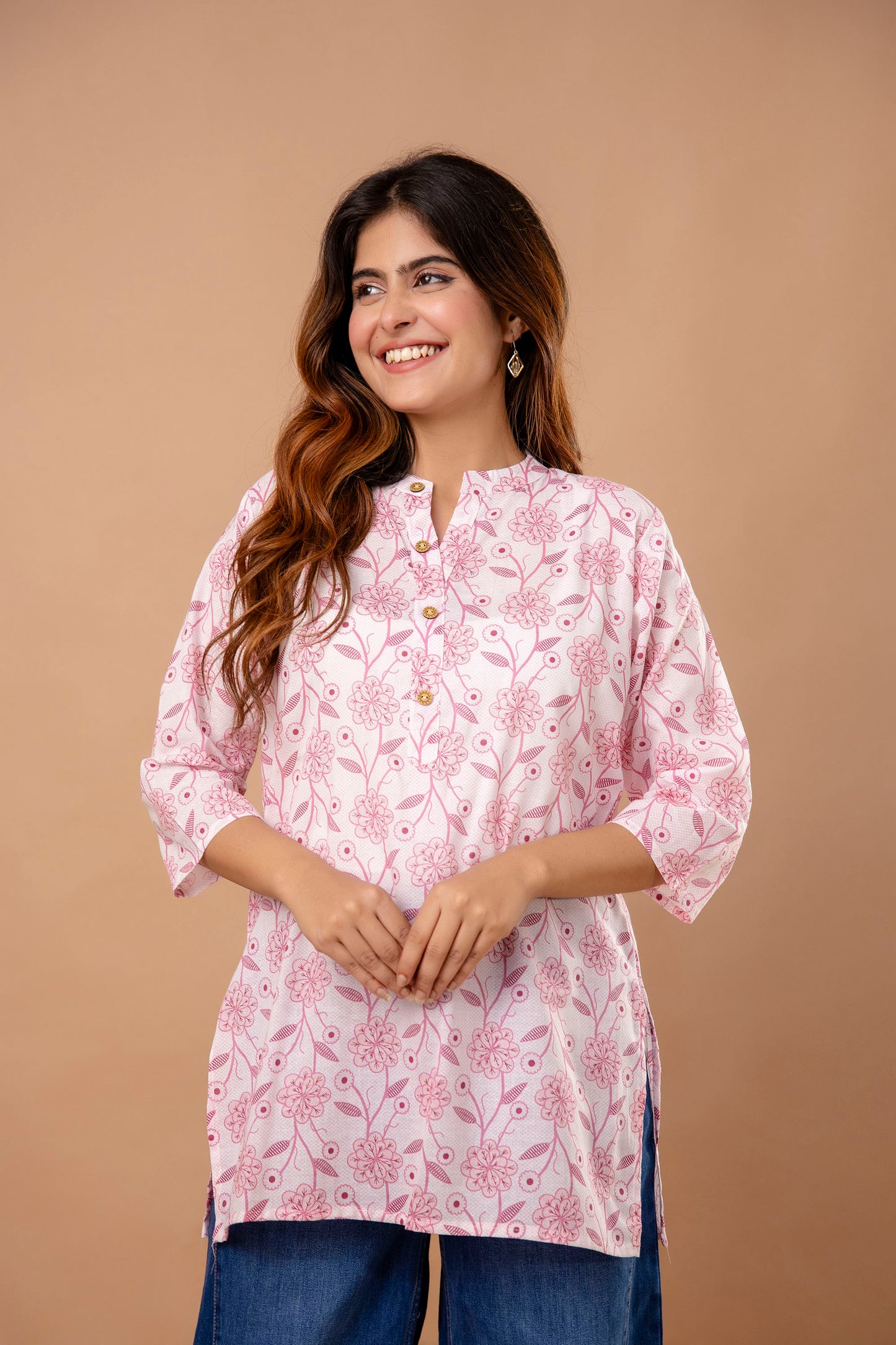 Peach Floral Printed Cotton Kurti