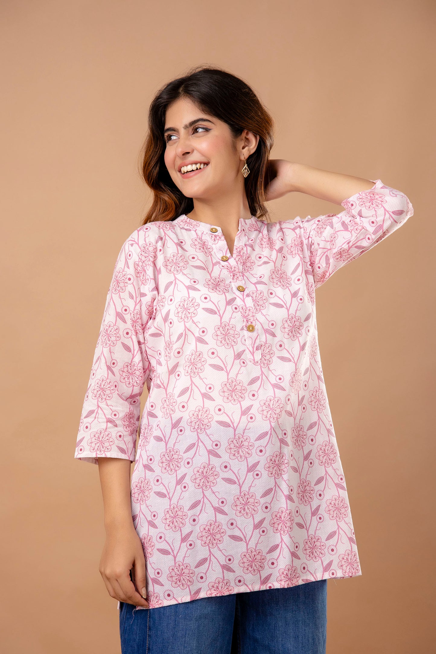 Peach Floral Printed Cotton Kurti