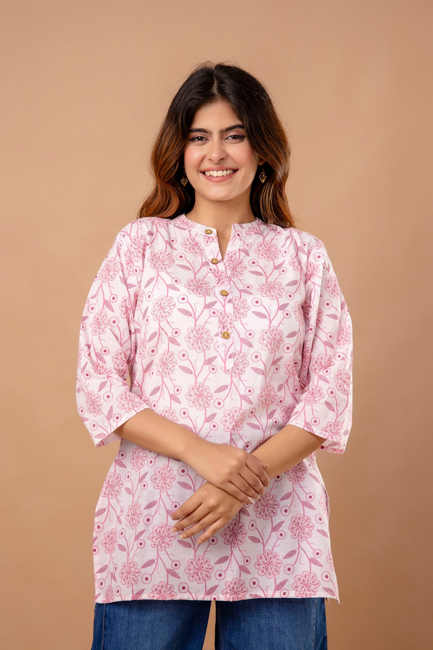 Peach Floral Printed Cotton Kurti