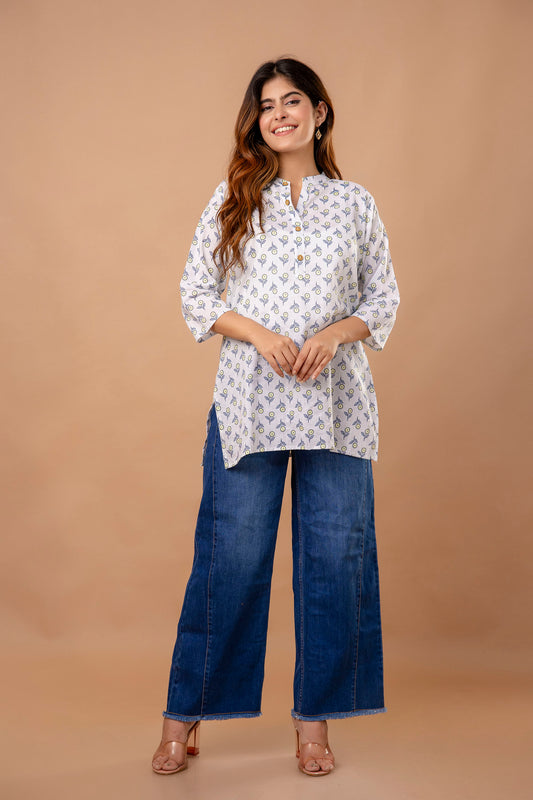 White Printed Cotton Kurti for Women – Soft & Breathable Summer Wear